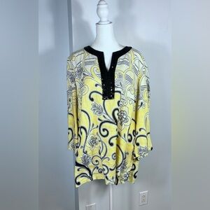 JM Collection Yellow Linen Floral-Print Tunic with Black Sequined Trim EXC